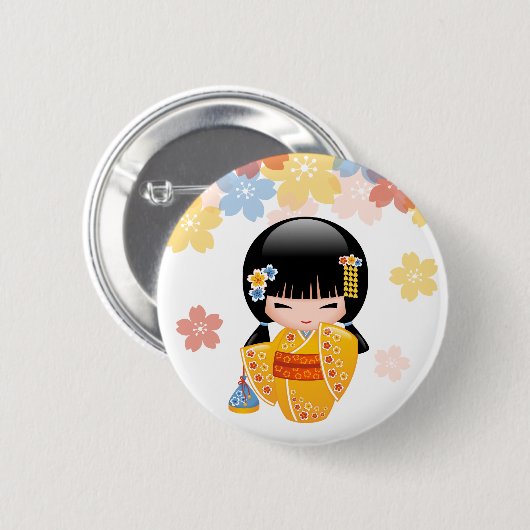 Summer Kokeshi Doll - Yellow Kimono Geisha Girl Button (Vorne & Hinten)
