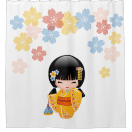 Summer Kokeshi Doll Yellow Kimono Geisha Girl Duschvorhang
