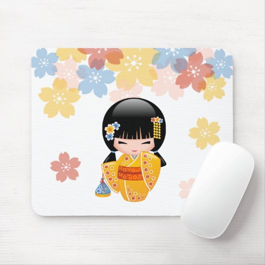 Summer Kokeshi Doll - Yellow Kimono Geisha Girl Mousepad (Mit Mouse)