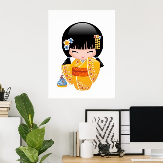 Summer Kokeshi Doll - Yellow Kimono Geisha Girl Poster (Heimbüro)
