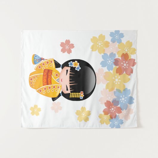 Summer Kokeshi Doll - Yellow Kimono Geisha Girl Wandteppich (Vorderseite (Horizontal))