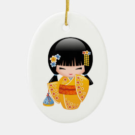 Summer Kokeshi Doll - Yellow Kimono Girl Keramik Ornament