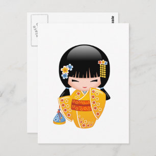 Summer Kokeshi Doll - Yellow Kimono Girl Postkarte