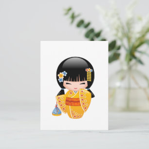 Summer Kokeshi Doll - Yellow Kimono Girl Postkarte