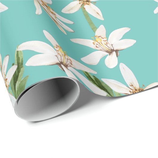 Summer Lemon Blüte Muster auf aquamarin Geschenkpapier (Rolleneckpunkt)