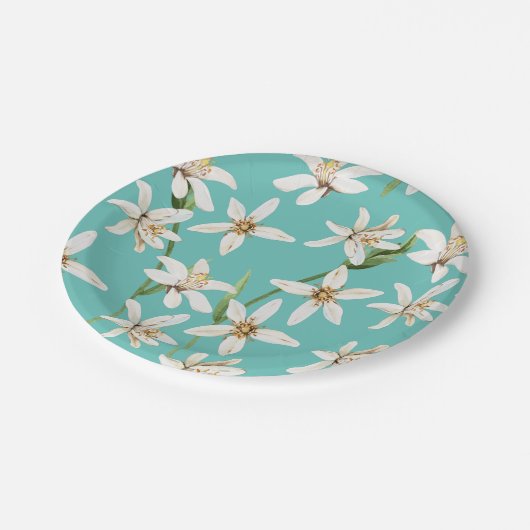 Summer Lemon Blüte Muster auf aquamarin Pappteller (Schrägansicht)