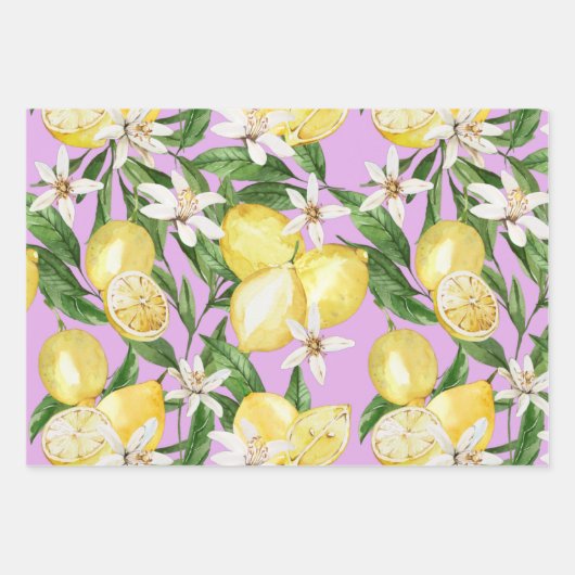 Summer Lemon Blütenmuster auf lila Geschenkpapier Set (Vorderseite 3)