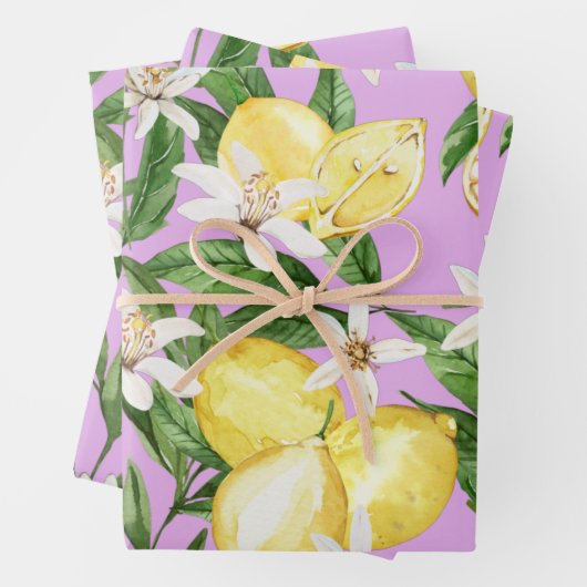 Summer Lemon Blütenmuster auf lila Geschenkpapier Set (Beispiel)