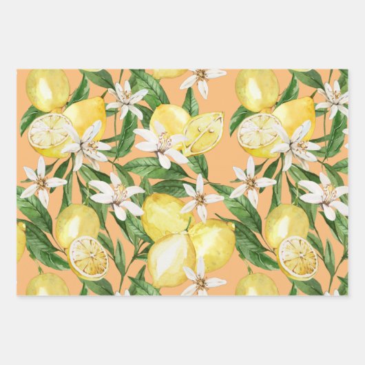 Summer Lemon Blütenmuster auf Orange Geschenkpapier Set (Vorderseite)