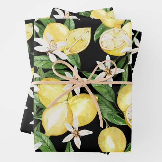 Summer Lemon Blütenmuster auf schwarz Geschenkpapier Set (Beispiel)