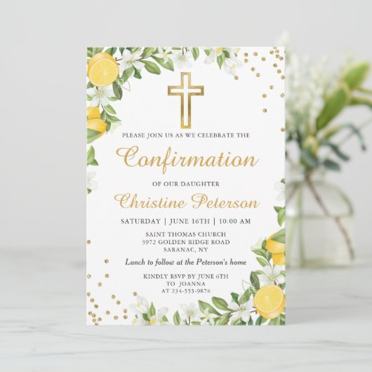 Summer Lemon Greenery Gold Cross Bestätigung Einladung (Stehend Vorderseite)