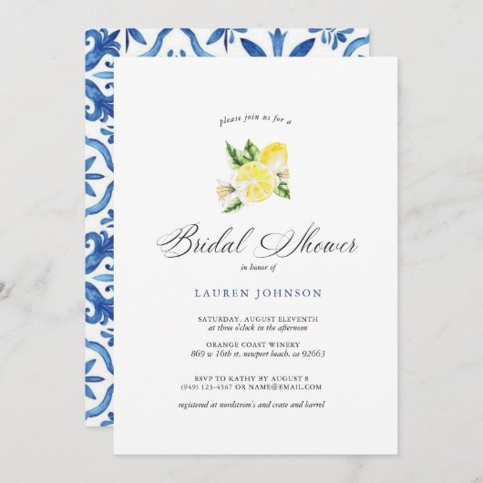 Summer Lemon & Mediterranean Tiles Brautparty Einladung (Vorne/Hinten)