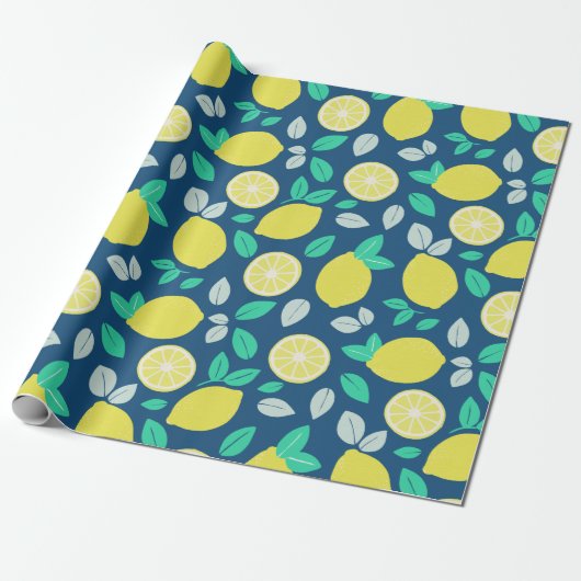 Summer Lemon Muster in Navy Blue Geschenkpapier (Ungerollt)