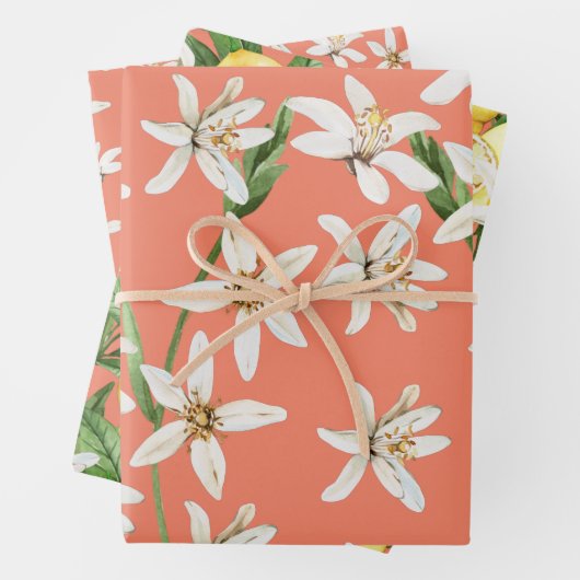 Summer Lemons blühen Muster auf Orange Geschenkpapier Set (Beispiel)