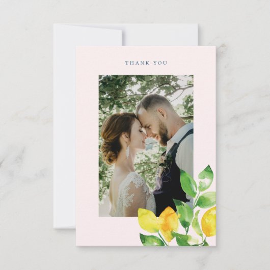 Summer Lemons und Foliage Wedding Foto Dankeskarte (Vorderseite)