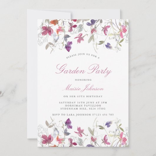 Summer Lila Sweet Pea Garden Party Geburtstag Einladung (Vorderseite)