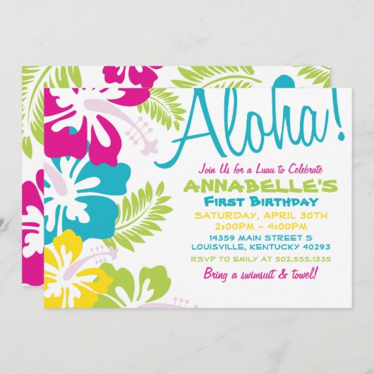 Summer Luau Hawaiian Einladung (Vorne/Hinten)
