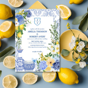 Summer Mediterranean Blue tiles Lemon Wedding Einladung
