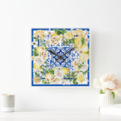 Summer Mediterranean lemon and flowers print Quadratische Wanduhr (Zuhause)