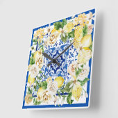 Summer Mediterranean lemon and flowers print    Quadratische Wanduhr (Winkel)