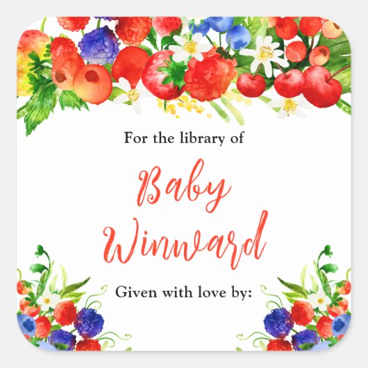 Summer Mixed Berries Baby Shower Bookplate Quadratischer Aufkleber (Vorderseite)