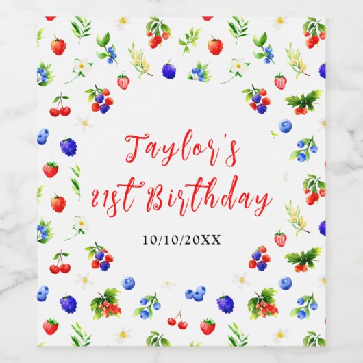 Summer Mixed Berries Birthday Party Weinetikett (Einzelnes Label)