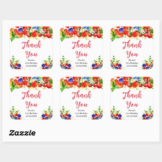 Summer Mixed Berries Birthday Thank You Quadratischer Aufkleber (Blatt)