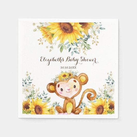 Summer Monkey Watercolor Sonnenblumendusche Serviette (Vorderseite)