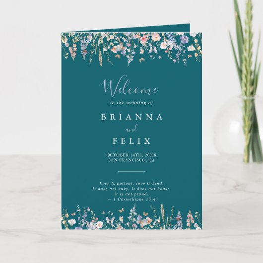Summer Multicolor Wildblume Green Folded Wedding Programm (Vorderseite)