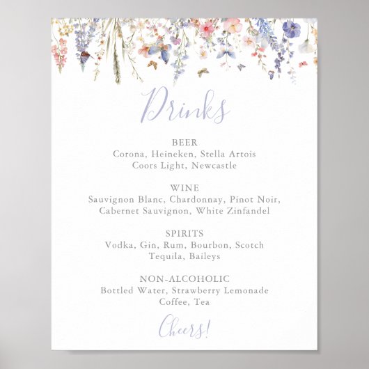 Summer Multicolor Wildblume Wedding Drinks Menü Poster (Vorne)