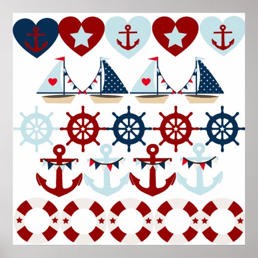 Summer Nautic Theme Anchors Segelboote Helms Poster (Vorne)