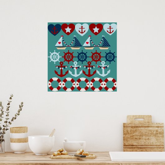 Summer Nautic Theme Anchors Segelboote Helms Poster (Küche)