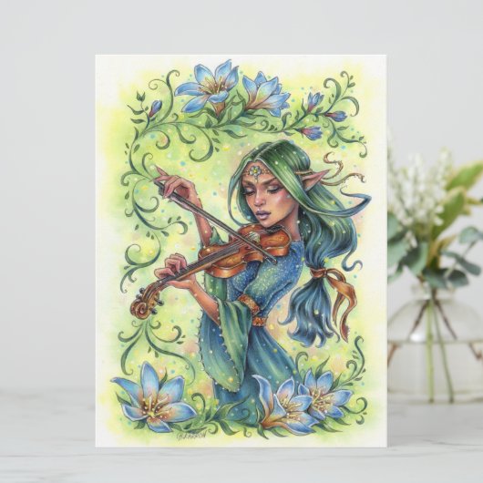 Summer Night Fiddler Fairy Elf Violin Card (Stehend Vorderseite)