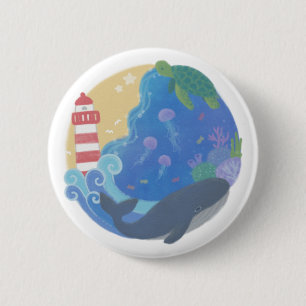 Summer Ocean Whale Turtle & Lighthouse Button