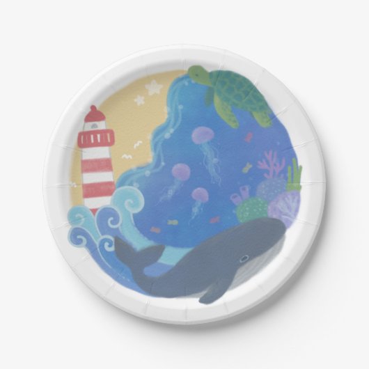 Summer Ocean Whale Turtle & Lighthouse Pappteller (Vorderseite)
