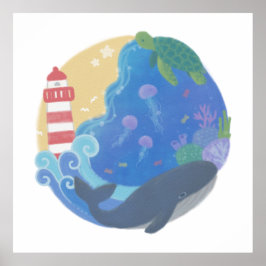 Summer Ocean Whale Turtle & Lighthouse Poster