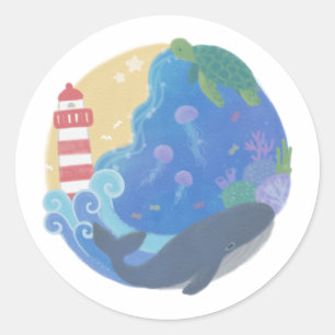 Summer Ocean Whale Turtle & Lighthouse Runder Aufkleber