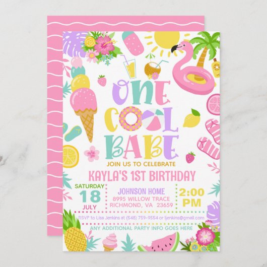 Summer One Cool Babe Birthday Party Invitation Einladung (Vorne/Hinten)