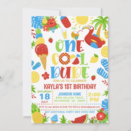 Summer One Cool Dude 1st Birthday Invitation Einladung (Vorderseite)