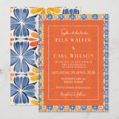Summer Orange Floral Tile Muster Hochzeit Einladung (Vorne/Hinten)