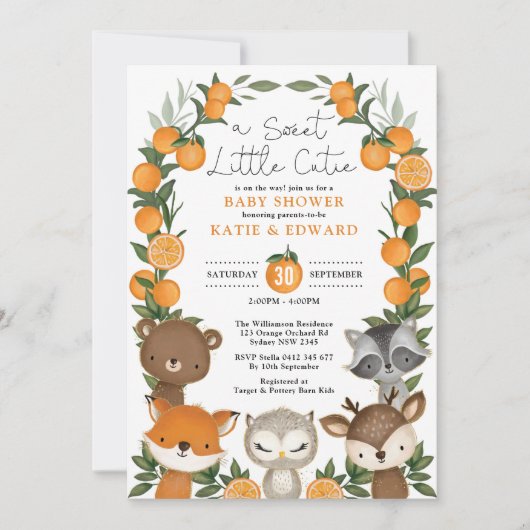Summer Orange Woodland Animals Neutral Baby Dusche Einladung (Vorderseite)