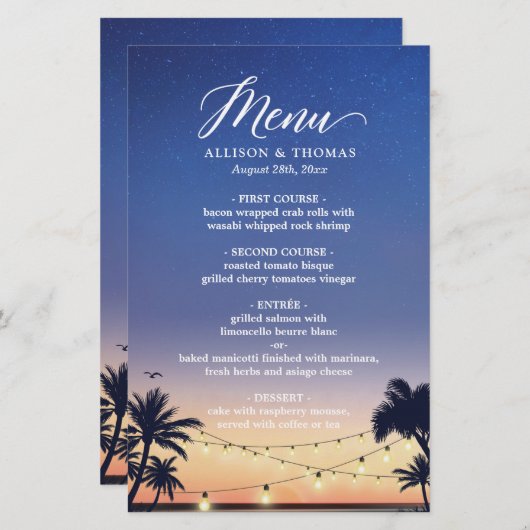 Summer Palm Beach String Light Wedding Menü (Vorne/Hinten)
