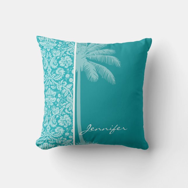 Summer Palm Blue Green Damask Muster Kissen (Vorderseite)