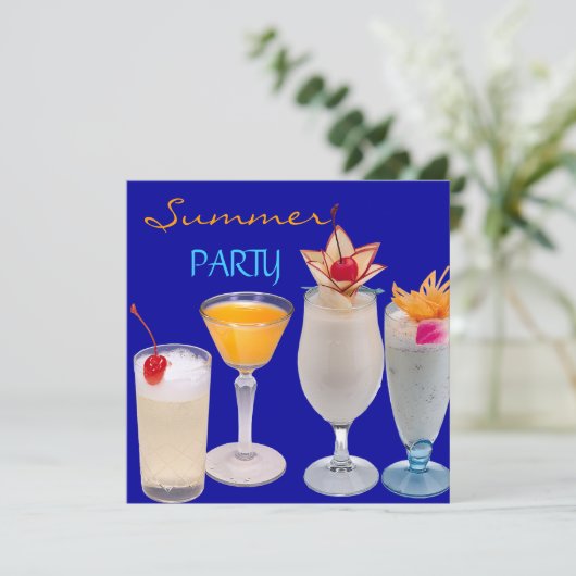 Summer Party Cocktails Drinks blau gelb Einladung (Stehend Vorderseite)