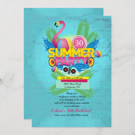 Summer Party Flamingo Einladung (Vorne/Hinten)