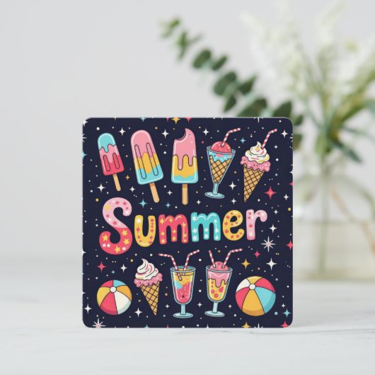 Summer Party Fun Graphics On Black Einladung (Stehend Vorderseite)