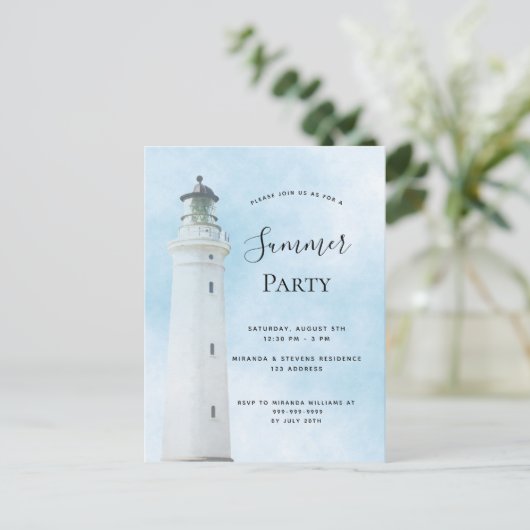 Summer Party Küstenstrand Leuchtturm Einladung Postkarte (Stehend Vorderseite)