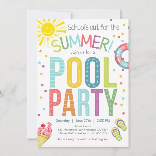 Summer Party Pool Party Schools Out Einladung (Vorderseite)