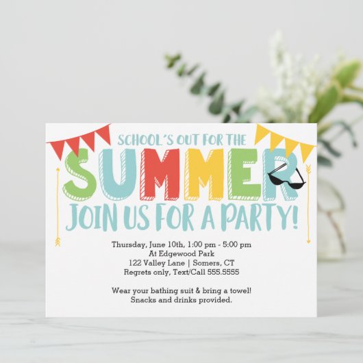 Summer Party, School's Out Primary Colors Einladung (Stehend Vorderseite)