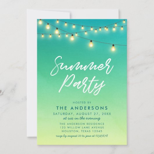 Summer Party String of Lights Aquarellglas Einladung (Vorderseite)